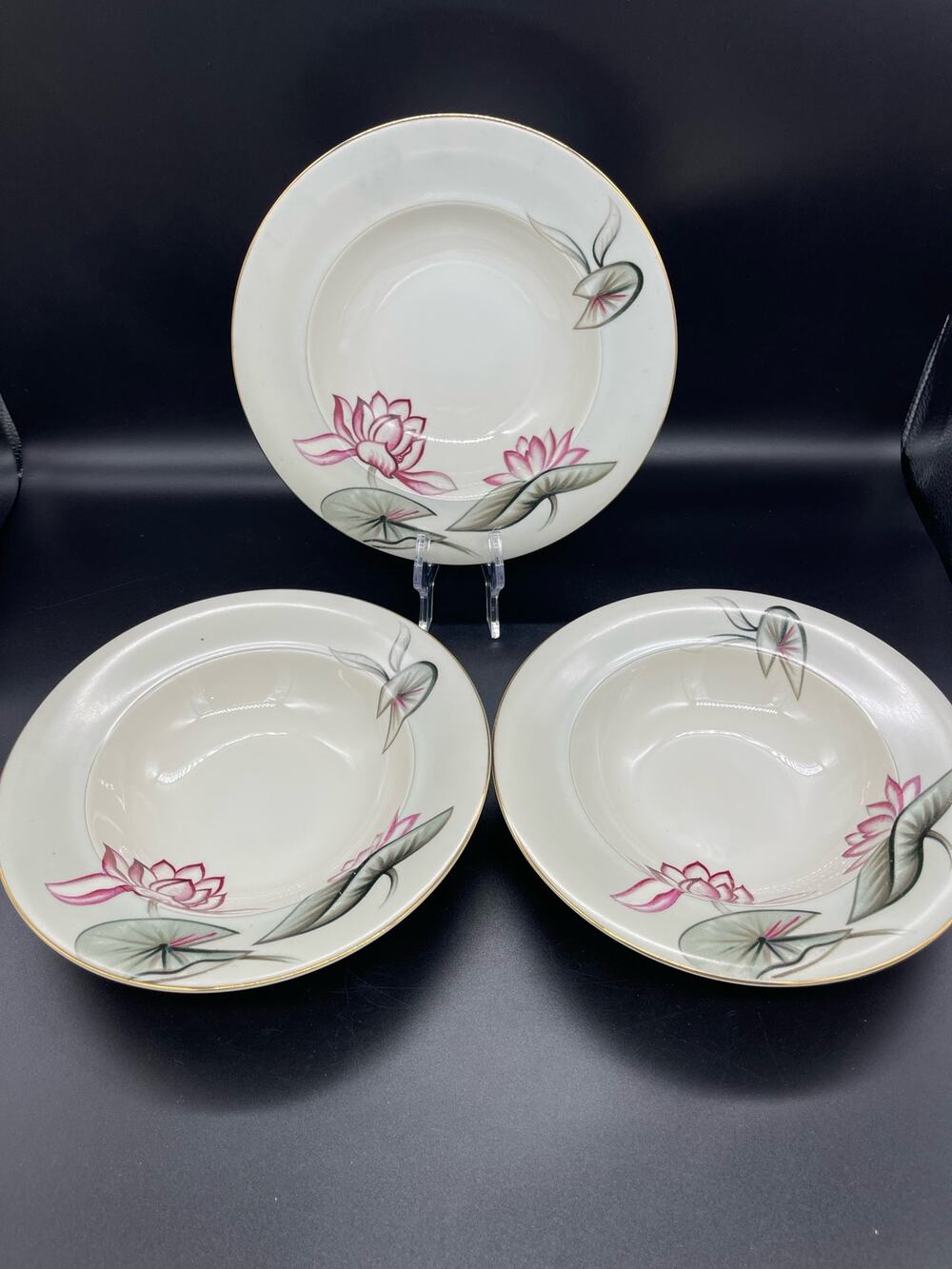 Meito Ivory China Set of 3 Soup Bowls Lotus Made in Japan
